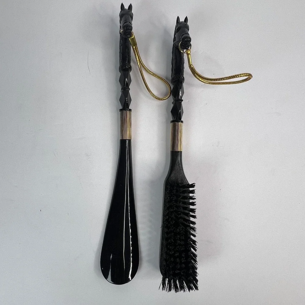 VTG Brush & Shoehorn Set Equestrian Horse Head Made in Japan Elegant Black Gold
